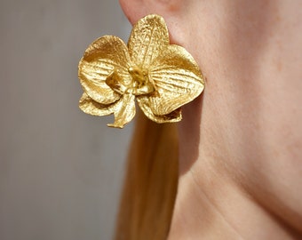 Golden Bloom Orchid Earrings, orchid jewelry, metal imitation