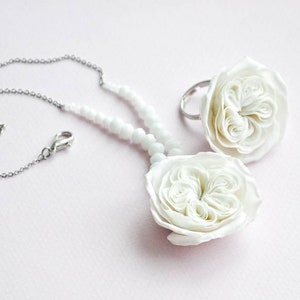 White rose jewelry set, white rose ring and pendant