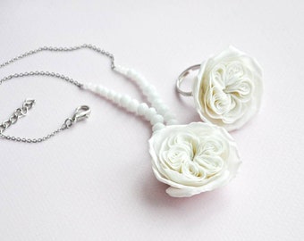 White rose jewelry set, white rose ring and pendant