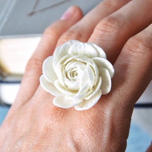 White flower ring, peony rose ring