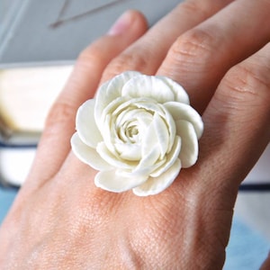 White flower ring, peony rose ring