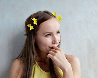 Yellow flower pins, hydrangea hair jewelry, yellow hydrangea pins