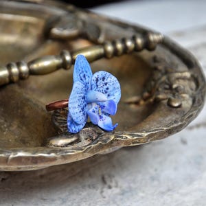 Blue flower ring, blue orchid jewelry