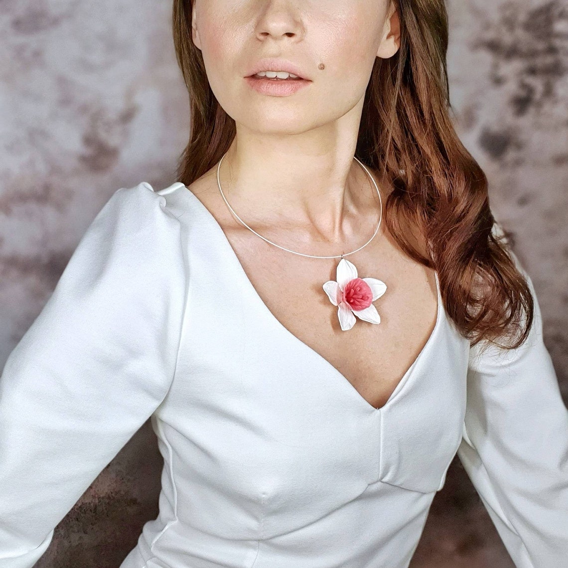 Narcissus Necklace White Narcissus Pendant Wedding Pendant Etsy