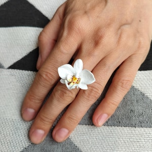 White orchid ring, white flower jewelry,one flower ring