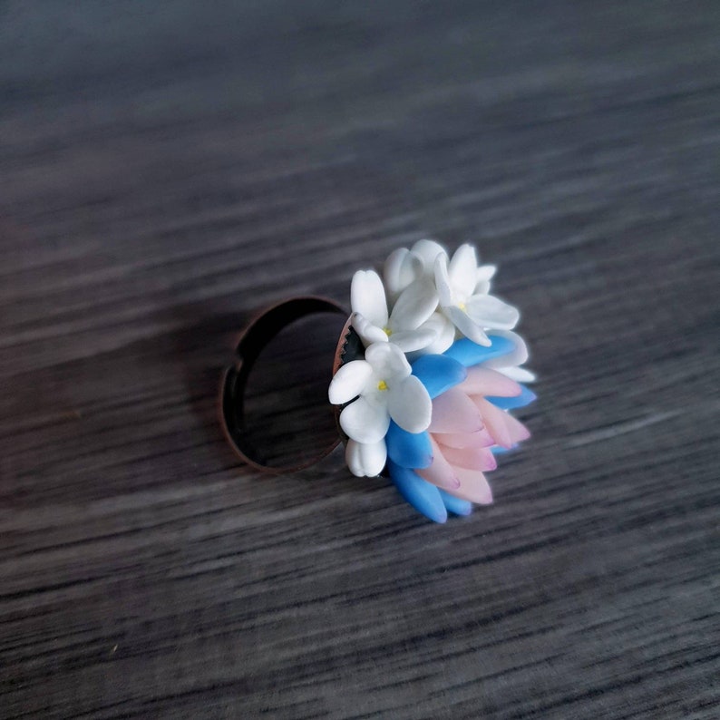 Anillo floral para mujer, anillo suculento, anillo de flores de arcilla imagen 7