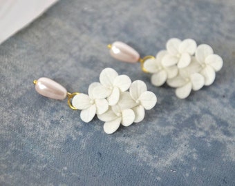 White Hydrangea Earrings with Pastel Pink Pearls - Handcrafted Floral Jewelry