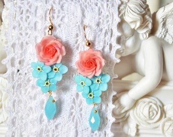 Nature's Romance in Jewelry - Clay Flowers earrings  with Rose and Forget-Me-Nots