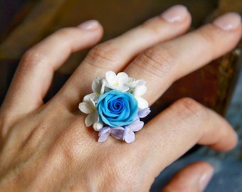Floral ring, blue rose ring