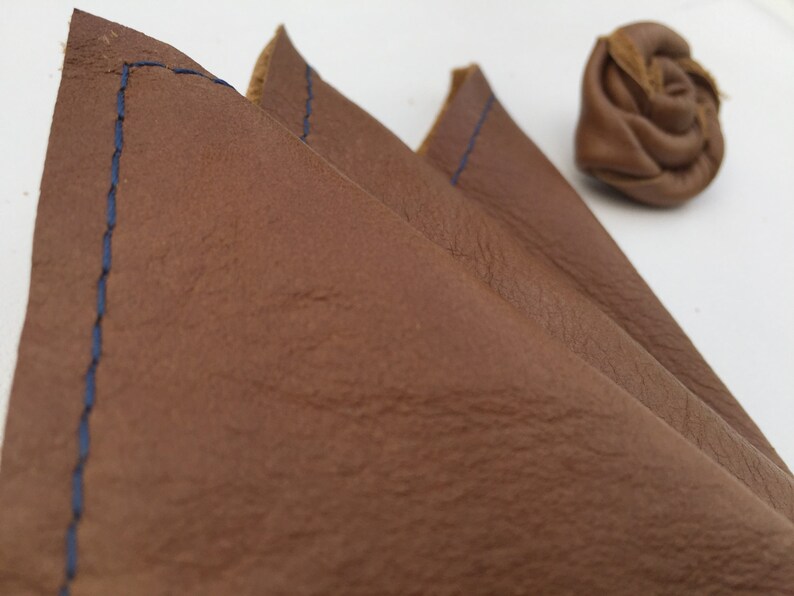 top grain bespoke brown cognac classy top grain leather suits Leather Pocket Square and Lapel Pin weddings pocket lapel dapper