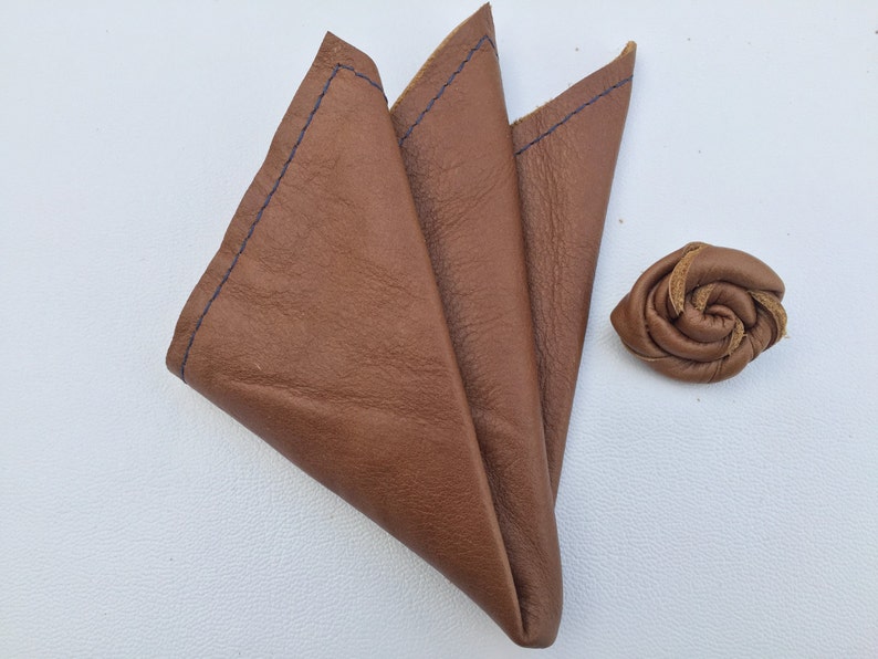 top grain bespoke brown cognac classy top grain leather suits Leather Pocket Square and Lapel Pin weddings pocket lapel dapper