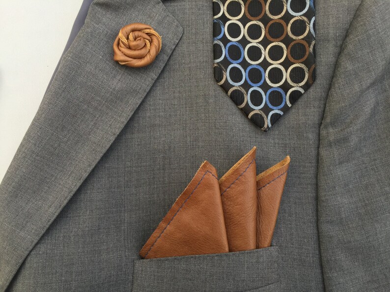 top grain bespoke brown cognac classy top grain leather suits Leather Pocket Square and Lapel Pin weddings pocket lapel dapper