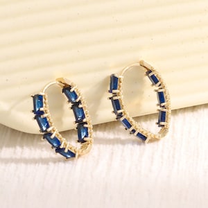 Bold 14K Gold-Plated Hoop Earrings with Blue Baguette Crystals – Stylish Jewelry Gift for Her or Best Friend - B083/49-1-12