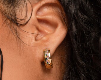May include: Gold hoop earrings with a rainbow of small gemstones set into the band.
