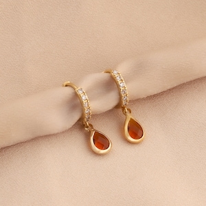Birthstone Drop Pave Hoop Earrings – Personalized Jewelry, Minimalist Hoops, Anniversary Gift for Her - ER/32-1-27/CZ