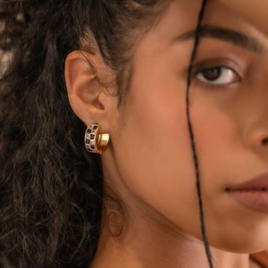 Chunky Checkered Hoops Black & White Retro Earrings Unique Birthday Gift for Her - B069/49-1-25