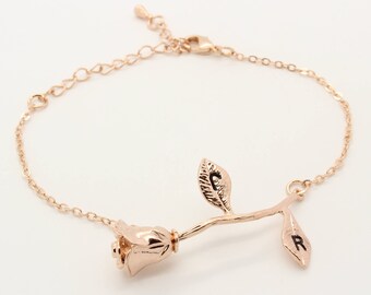 Rose Bracelet, Mom Jewelry, Rose Flower Bracelet, Beauty And The Beast Jewelry, Initial Leaf, Gift For Mom, Floral Bracelet, Flower Girl