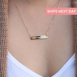 Personalized Gold Bar Necklace, Engraved Coordinates, Custom Name Initials, Christmas Gift for Mom