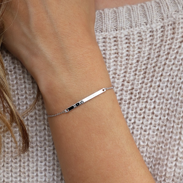 Bracelet personnalisé en argent pour femme, nom personnalisé, cadeau pour meilleure amie, bracelet délicat à barres avec chiffres romains - T32-3,5