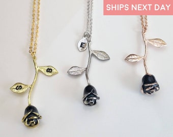 Schwarze Rose Anhänger: Gold, Silber oder Roségold, Floral Anhänger, Weihnachtsgeschenk für Sie