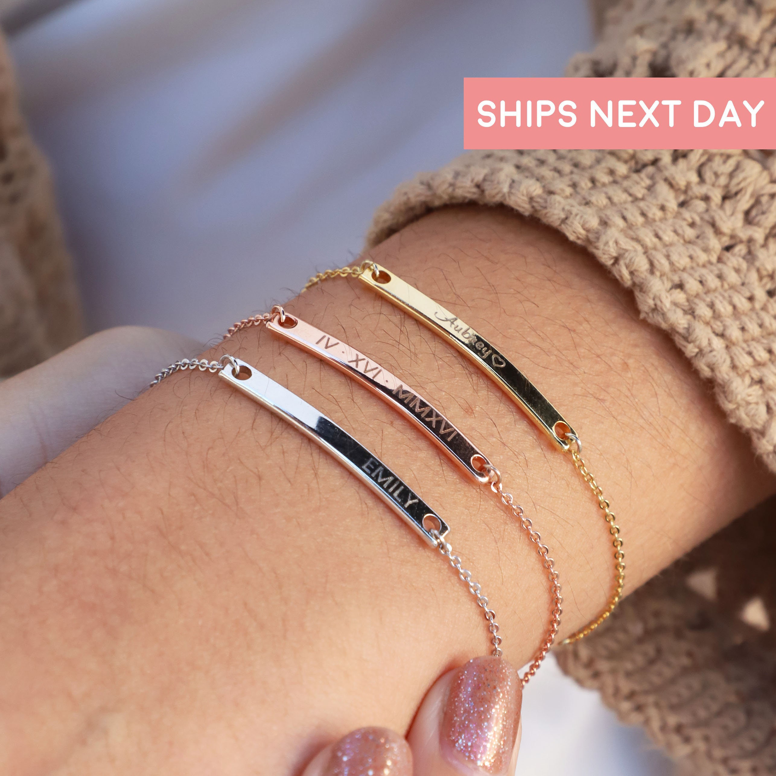 Custom Name Bracelet Dainty Bar 