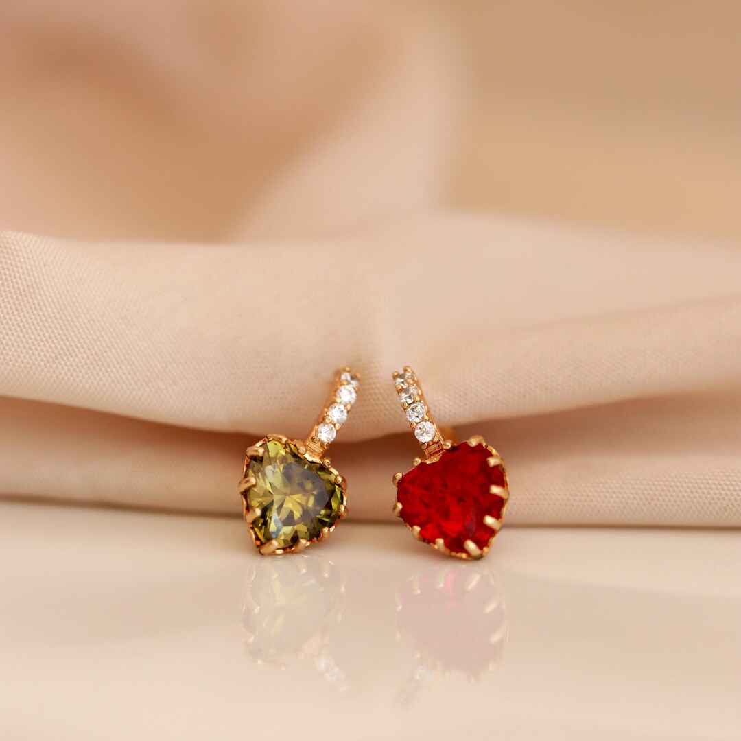 Personalized Birthstone Heart CZ Huggie Earrings - Gift for