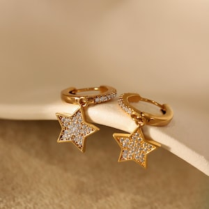 Dainty Star Hoop Earrings - Celestial Crystal Charm Dangle Jewelry | Gift for Her, Christmas & New Year - B084/54-1-6