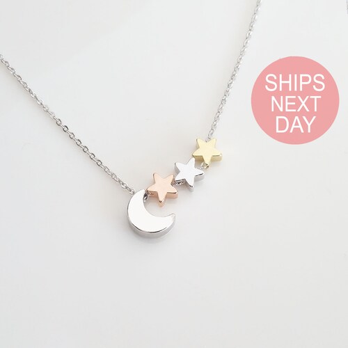 Moon and Three Stars Necklace Rose Gold 