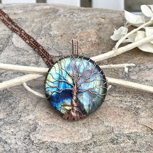 Handmade Jewelry Labradorite gemstone copper wire wrapped Tree of Life pendant Necklace,wrap crystal pendant necklace birthday gift