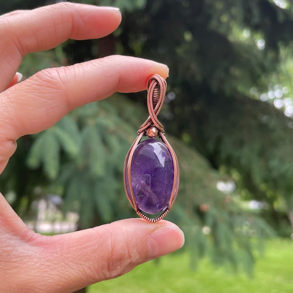 Handmade Jewelry  Copper wire wrapped Amethyst gemstone pendant Necklace, Handmade purple crystal jewelry stone gifts,Anniversary gift