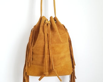 Ladies Bucket Bag / Handbag/Crossbody Tan Suede - Tan