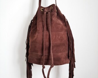 Ladies Bucket Bag / Handbag/Crossbody Tan Suede - Coffee Colour