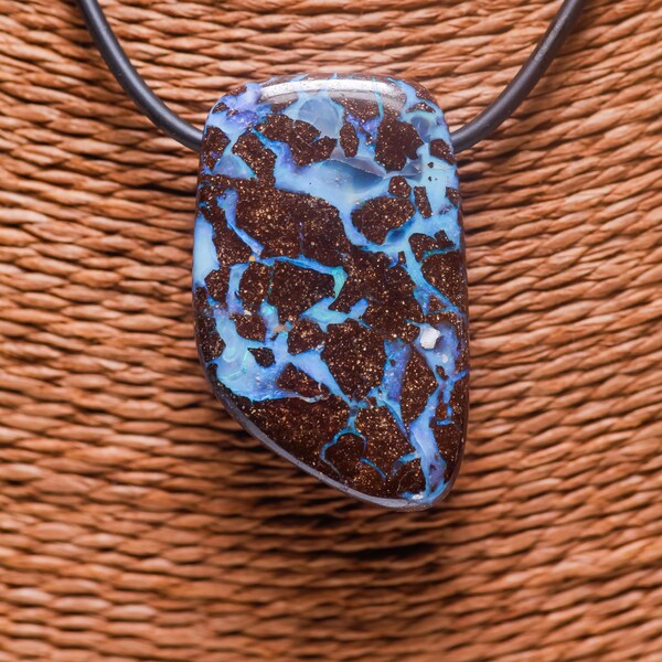 Blue Rivers Boulder Opal Pendant on Cord, Australian Stone Necklace, Optional Leather or Silver Chain
