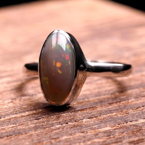 Dark Opal Silver Ring, Size US6.5 - Coober Pedy Opal, Slender band, Sterling Bezel Ring 925 - Australian Real Opal, Solid image 1