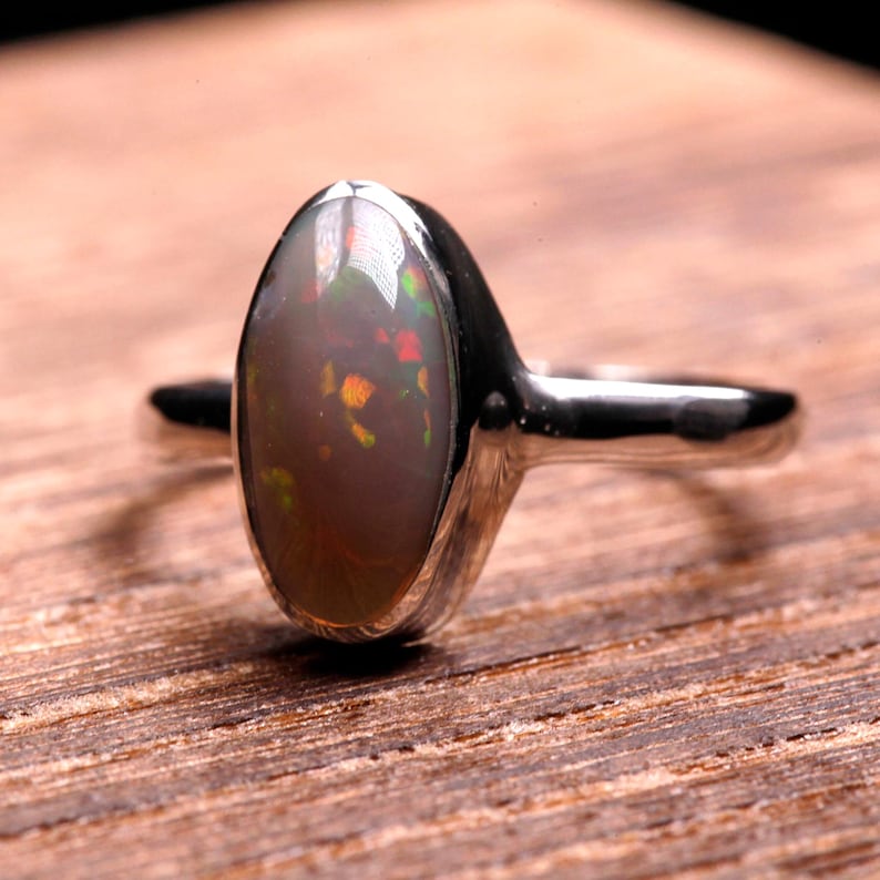 Dark Opal Silver Ring, Size US6.5 - Coober Pedy Opal, Slender band, Sterling Bezel Ring 925 - Australian Real Opal, Solid image 1