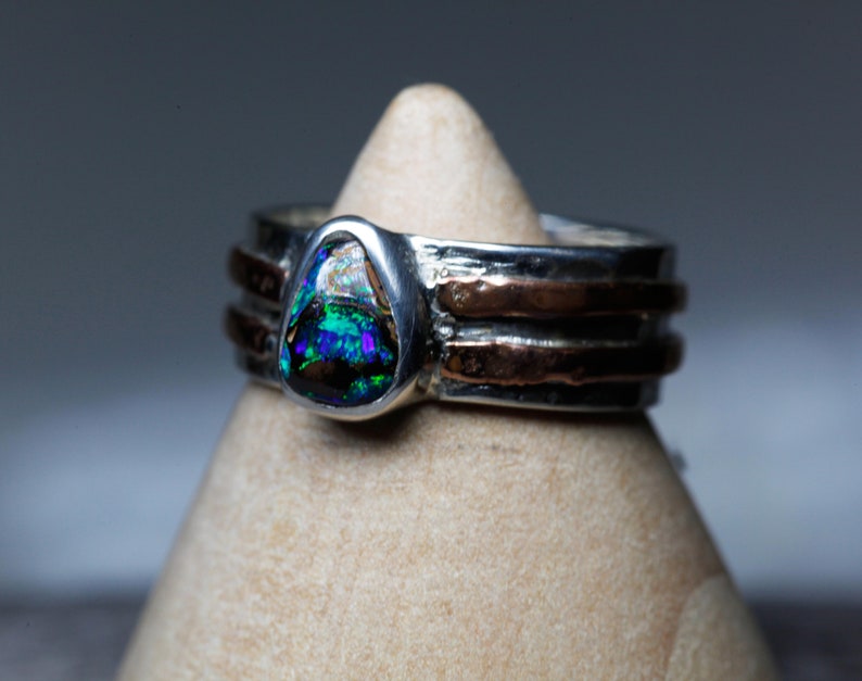 Hammered Natural Australian Real Opal Koroit Boulder Matrix Opal Ring Mixed Metal SilverCopper Oval Bezel Ring 925 Size US6.25
