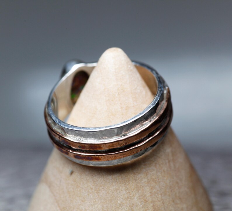Hammered Natural Australian Real Opal Koroit Boulder Matrix Opal Ring Mixed Metal SilverCopper Oval Bezel Ring 925 Size US6.25
