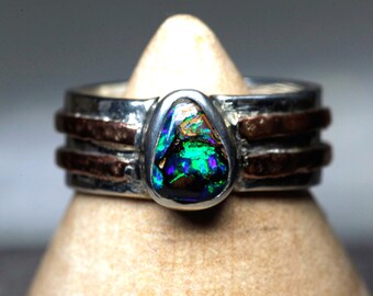 Koroit Boulder Matrix Opal Ring, Size US6.25 - Hammered, Mixed Metal Silver/Copper Oval Bezel Ring 925 -  Natural Australian Real Opal