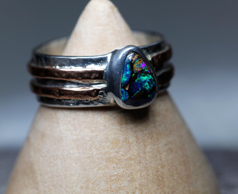 Hammered Natural Australian Real Opal Koroit Boulder Matrix Opal Ring Mixed Metal SilverCopper Oval Bezel Ring 925 Size US6.25