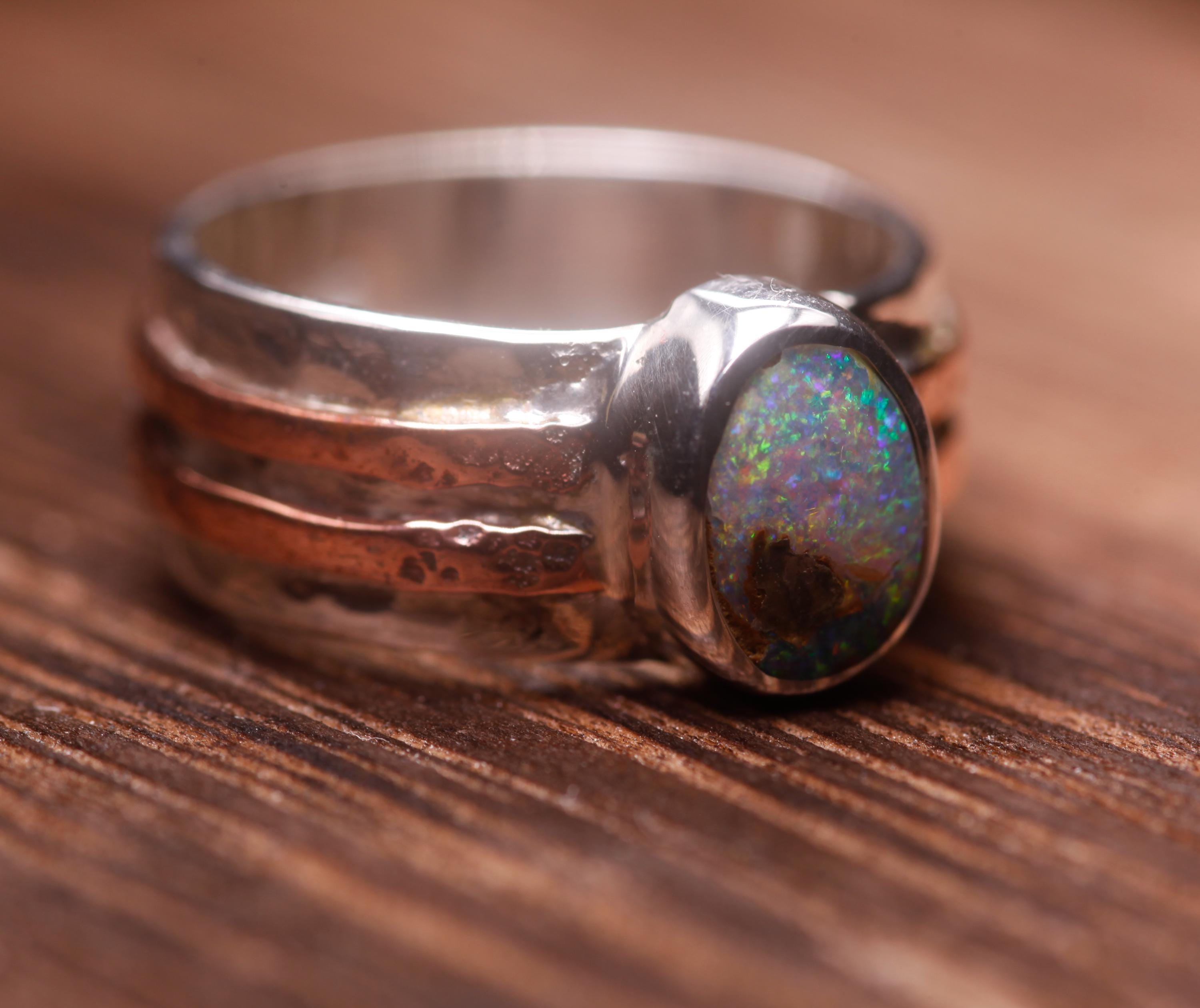 Boulder Opal Ring, Size US6.25 - Rugged Mixed Metal Silver