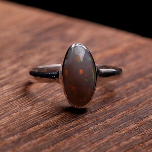 Dark Opal Silver Ring, Size US6.5 - Coober Pedy Opal, Slender band, Sterling Bezel Ring 925 - Australian Real Opal, Solid image 3