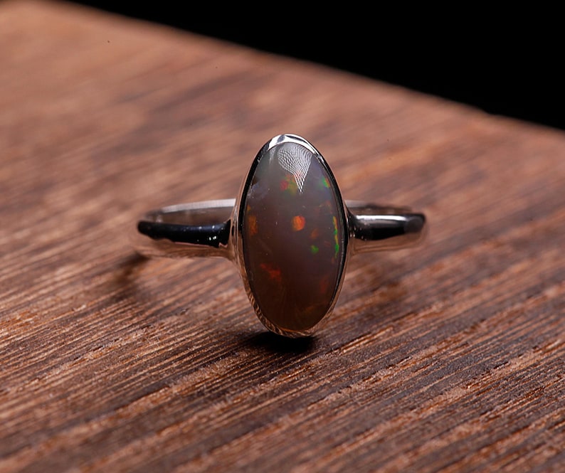 Dark Opal Silver Ring, Size US6.5 - Coober Pedy Opal, Slender band, Sterling Bezel Ring 925 - Australian Real Opal, Solid image 3