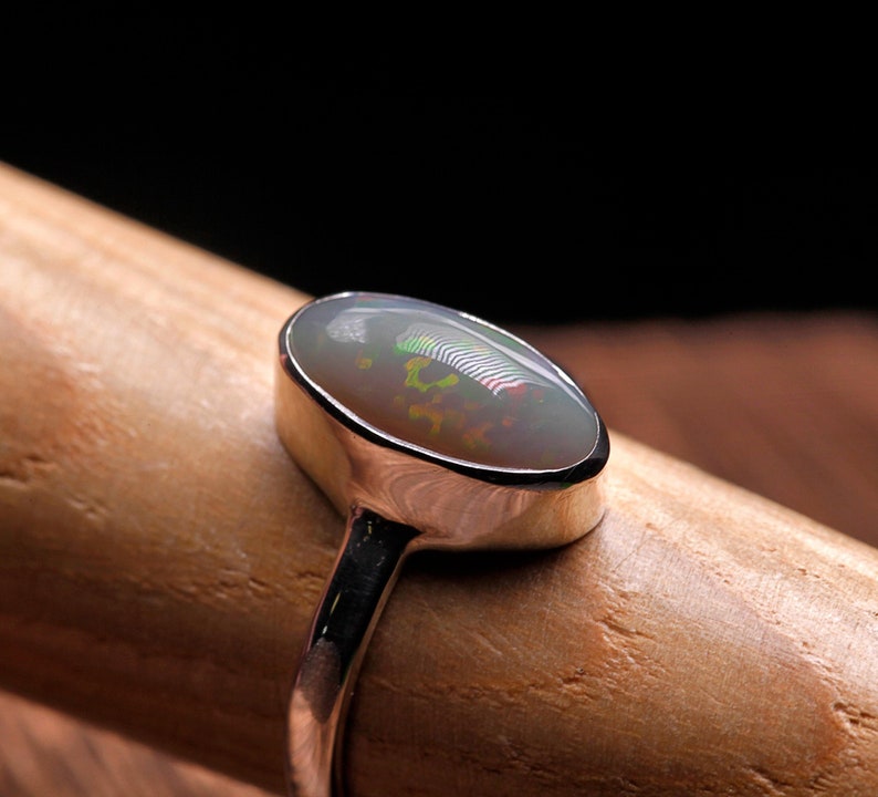 Dark Opal Silver Ring, Size US6.5 - Coober Pedy Opal, Slender band, Sterling Bezel Ring 925 - Australian Real Opal, Solid image 2
