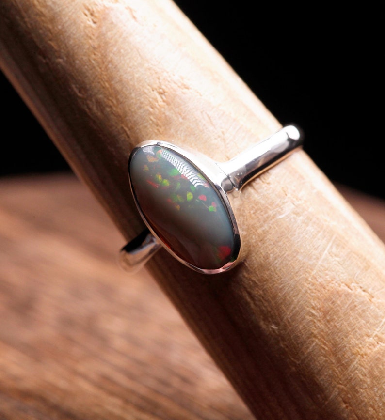 Dark Opal Silver Ring, Size US6.5 - Coober Pedy Opal, Slender band, Sterling Bezel Ring 925 - Australian Real Opal, Solid image 7
