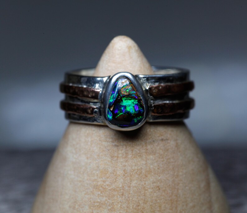 Hammered Natural Australian Real Opal Koroit Boulder Matrix Opal Ring Mixed Metal SilverCopper Oval Bezel Ring 925 Size US6.25
