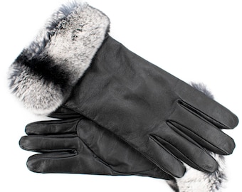 Altezzoso Scarlet Rex Rabbit Fur Mittens in Black Winter Leather Gloves for Women, Wool Fleece Lined Warm Fashion Gloves
