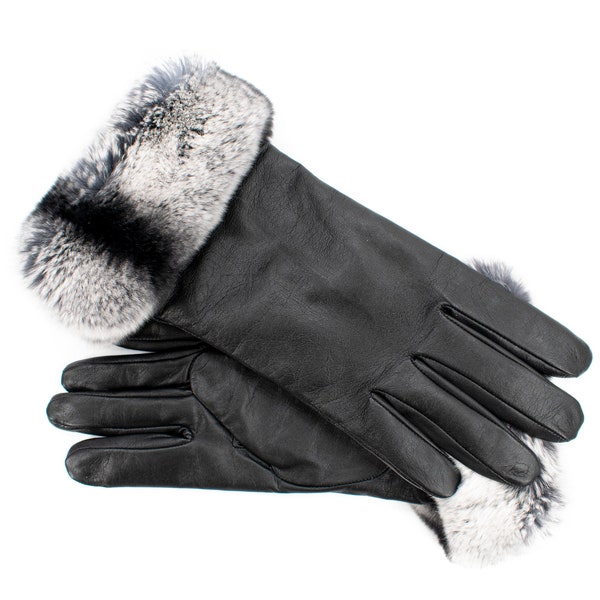 Mitaines en fourrure de lapin Écarlate Rex Altezoso en gants en cuir d’hiver noir pour femmes, laine en polaire doublée gants de mode chaud