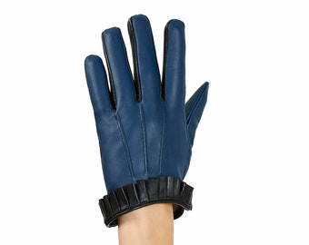 Altezzoso Bailaora Blue Black Leather Fashion Frilly Gloves for Women , Womens Wool Lined Warm Gloves