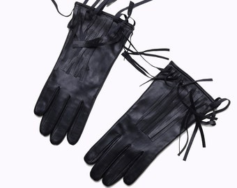 Altezzoso Medusa Black Winter Fringed Leather Gloves for Women, Wool Fleece Lined Warm Gloves