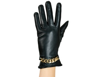 Altezzoso Catena Black Winter Leather Gloves with Gold Plated Chain for Women, Wool Fleece Lined Warm Gloves